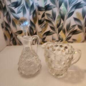 Vintage Frostoria Clear Early American Glass Cruet and Small Pitcher